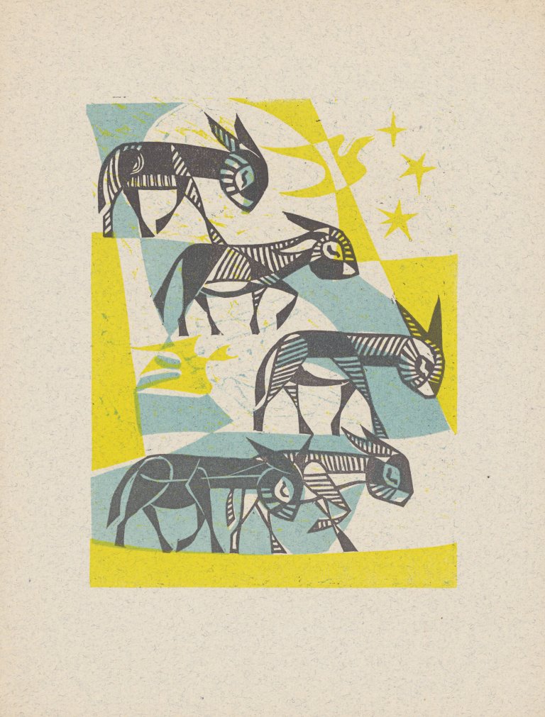 Auf diesem Bild ist das folgende Kunstwerk zu sehen: Ernst Otto Köpke. Illustrationen zu: „Gebet, mit den Eseln ins Himmelreich einzugehen“ (Francis Jammes). 1953.
