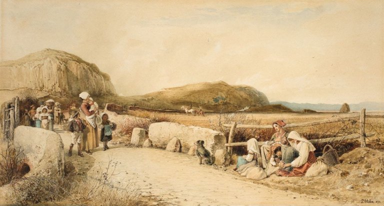 Auf diesem Bild ist das folgende Kunstwerk zu sehen: Viktor Paul Mohn. Landleute an einer Straße in Italien. 1878.