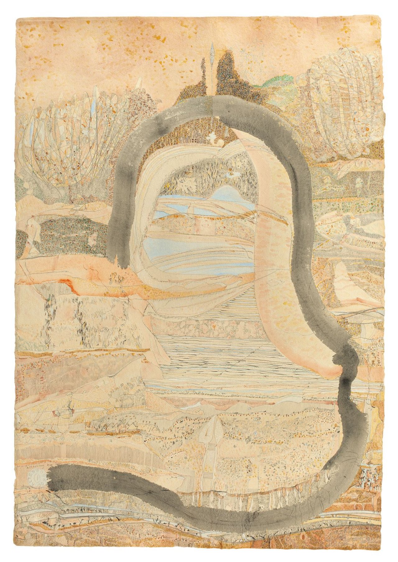 Auf diesem Bild ist das folgende Kunstwerk zu sehen: Gerhard Altenbourg. „Helmkopflandschaft“. 1989.