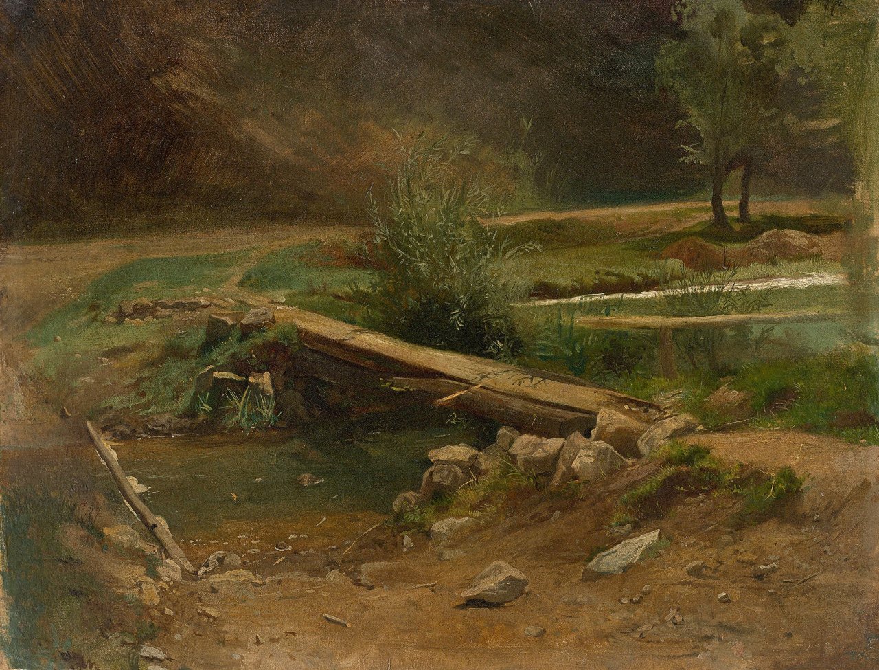 This picture shows the following artwork: Christian Friedrich Gille. Steg über einem Bach.