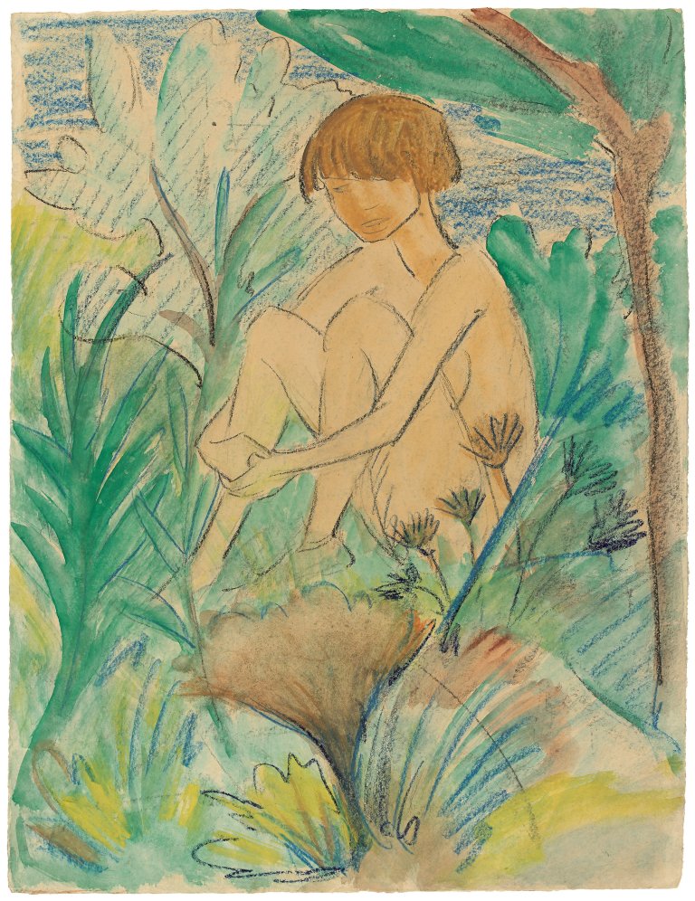 Auf diesem Bild ist das folgende Kunstwerk zu sehen: Otto Mueller. „Im Gras sitzendes Mädchen“. Um 1925.