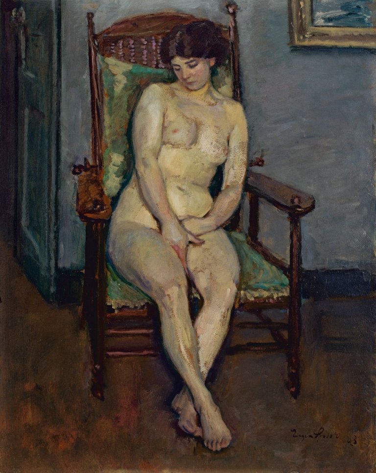 Auf diesem Bild ist das folgende Kunstwerk zu sehen: Eugen Spiro. „Sitzender weiblicher Akt“. 1908.