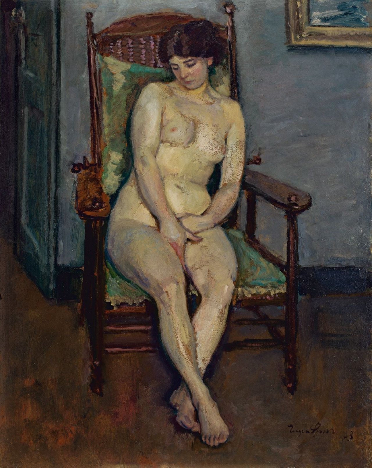 Auf diesem Bild ist das folgende Kunstwerk zu sehen: Eugen Spiro. „Sitzender weiblicher Akt“. 1908.