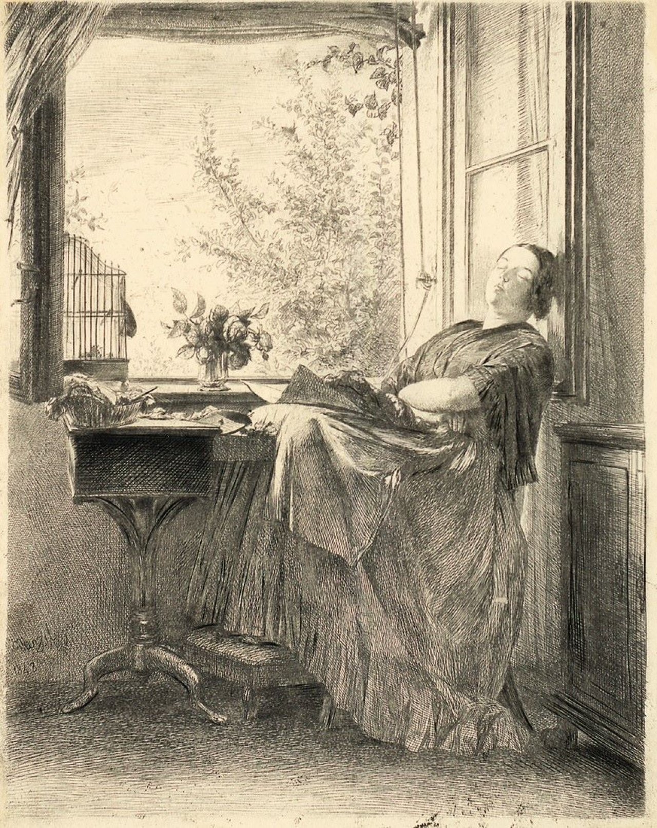 Auf diesem Bild ist das folgende Kunstwerk zu sehen: Adolph Menzel. „Die schlafende Näherin am Fenster“. 1843.