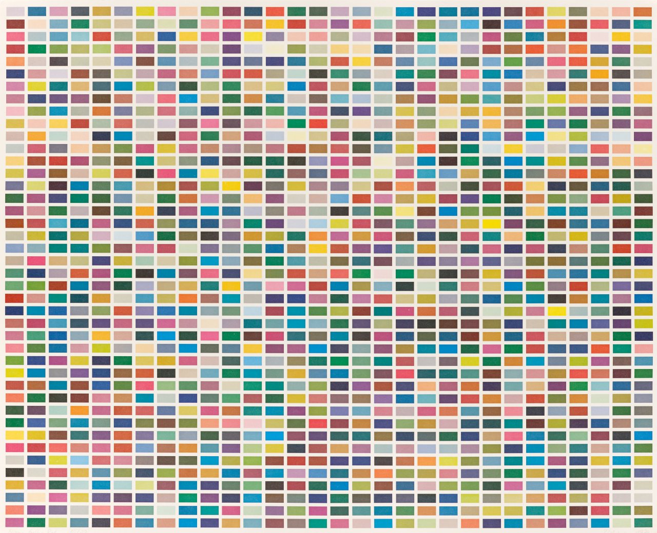 Auf diesem Bild ist das folgende Kunstwerk zu sehen: Gerhard Richter. „Farbfelder. 6 Anordnungen von 1260 Farben (Blau-Gelb-Rot)“. 1974.
