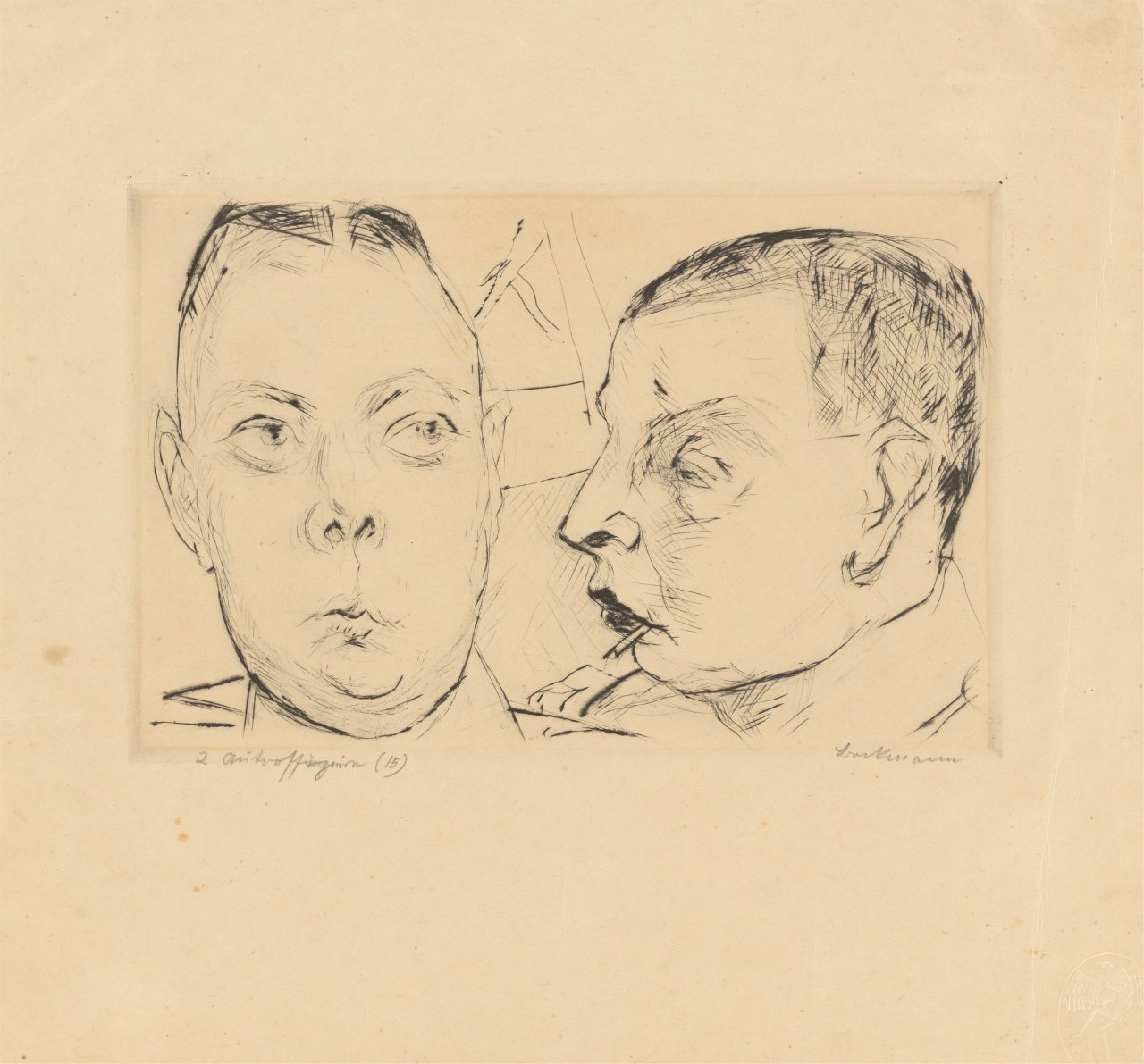 Auf diesem Bild ist das folgende Kunstwerk zu sehen: Max Beckmann. „2 Autooffiziere“. 1915.