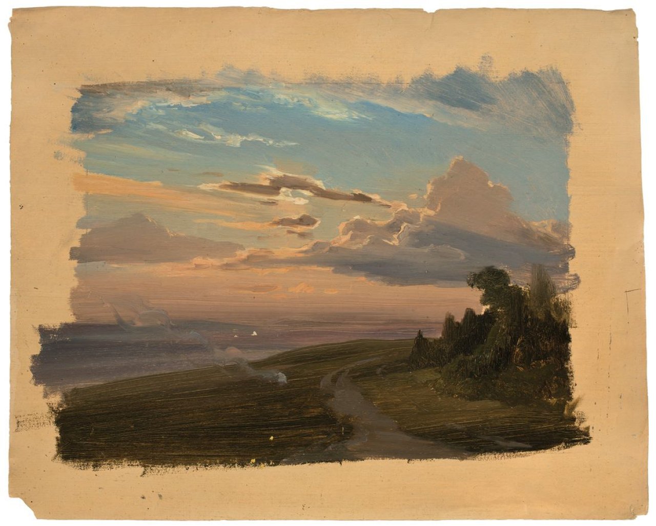 This picture shows the following artwork: Carl Hummel. Landschaft bei Weimar mit Kartoffelfeuer (Studie).