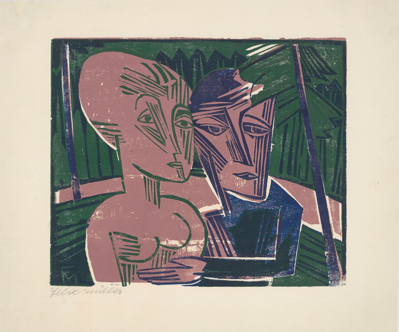 Auf diesem Bild ist das folgende Kunstwerk zu sehen: Conrad Felixmüller. „Menschen im Wald (Paar im Wald)“. 1918.
