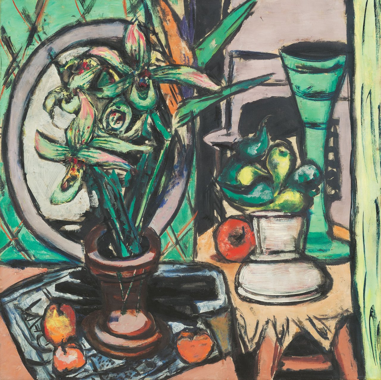 Auf diesem Bild ist das folgende Kunstwerk zu sehen: Max Beckmann. „Stillleben mit Orchideen und Birnen“. 1946.