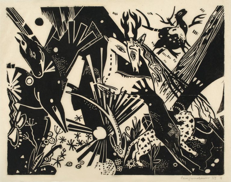 Auf diesem Bild ist das folgende Kunstwerk zu sehen: Heinrich Campendonk. „Komposition mit Pferd, Reh und Hirsch“. 1916.