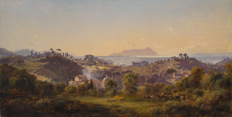 Auf diesem Bild ist das folgende Kunstwerk zu sehen: Heinrich Bürkel. „Blick auf den Monte Circeo“. Um 1853.