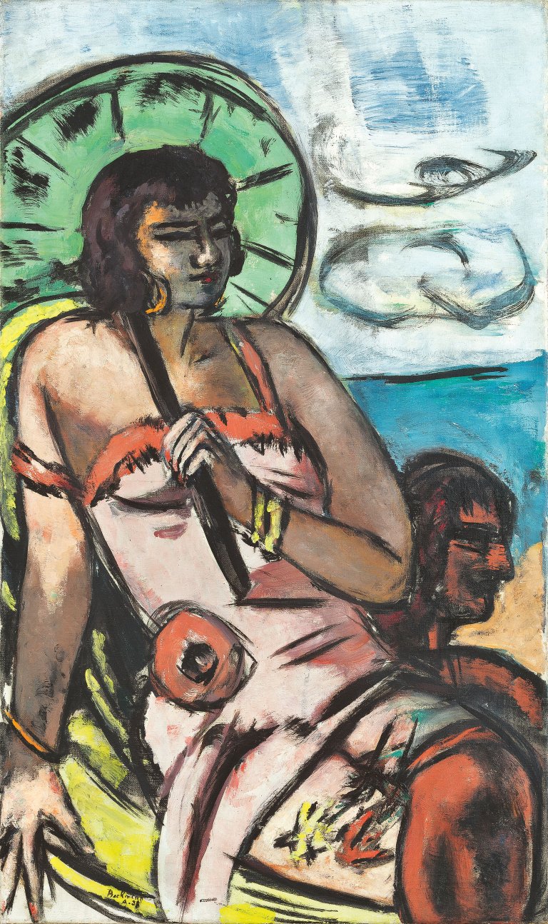 Auf diesem Bild ist das folgende Kunstwerk zu sehen: Max Beckmann. „Quappi mit grünem Sonnenschirm“. 1938.