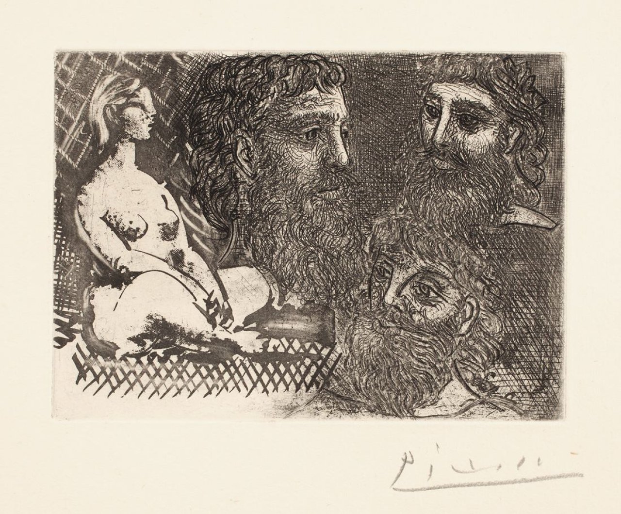 Auf diesem Bild ist das folgende Kunstwerk zu sehen: Pablo Picasso. „Marie-Thérèse en idole et trois Grecs barbus“. 1934.