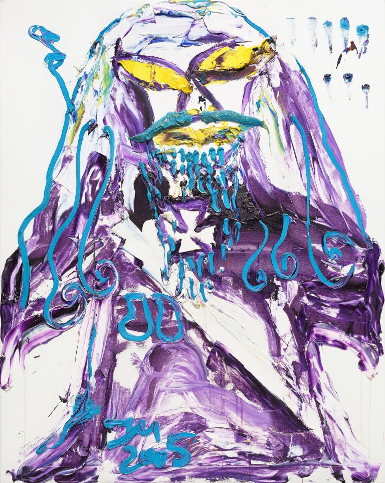 Auf diesem Bild ist das folgende Kunstwerk zu sehen: Jonathan Meese. „DIE CHEFIN „Yellow-belli“ der KÄSEREI-MEESE im MILCHSHAKETUM des Hohen NORDEN's gelb (Monopolizei Kokain II)“. 2005.