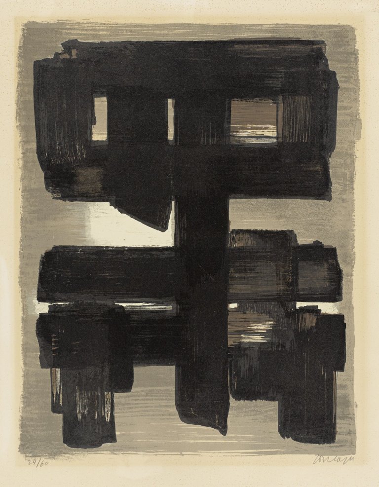 Auf diesem Bild ist das folgende Kunstwerk zu sehen: Pierre Soulages. „Lithographie n° 1“. 1957.