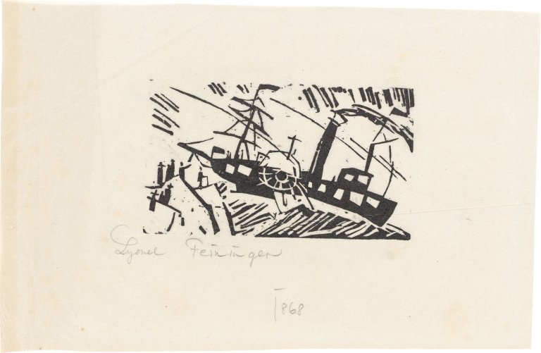 Auf diesem Bild ist das folgende Kunstwerk zu sehen: Lyonel Feininger. „Raddampfer“. 1918.
