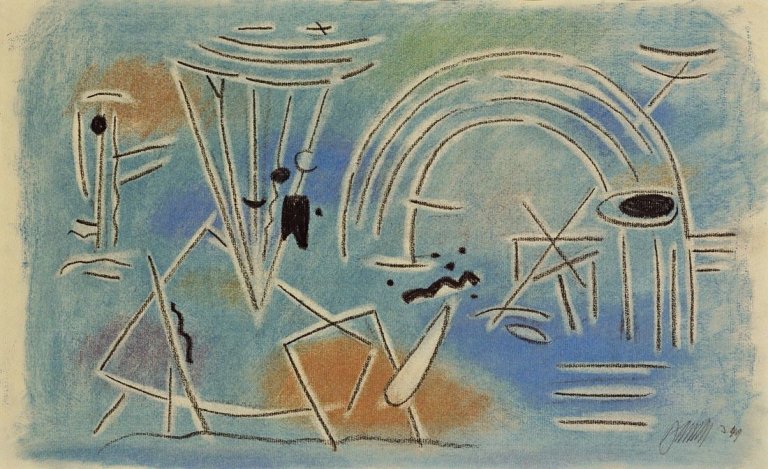 Auf diesem Bild ist das folgende Kunstwerk zu sehen: Willi Baumeister. „Metaphysische Landschaft auf Blau mit Bogen“. 1949.