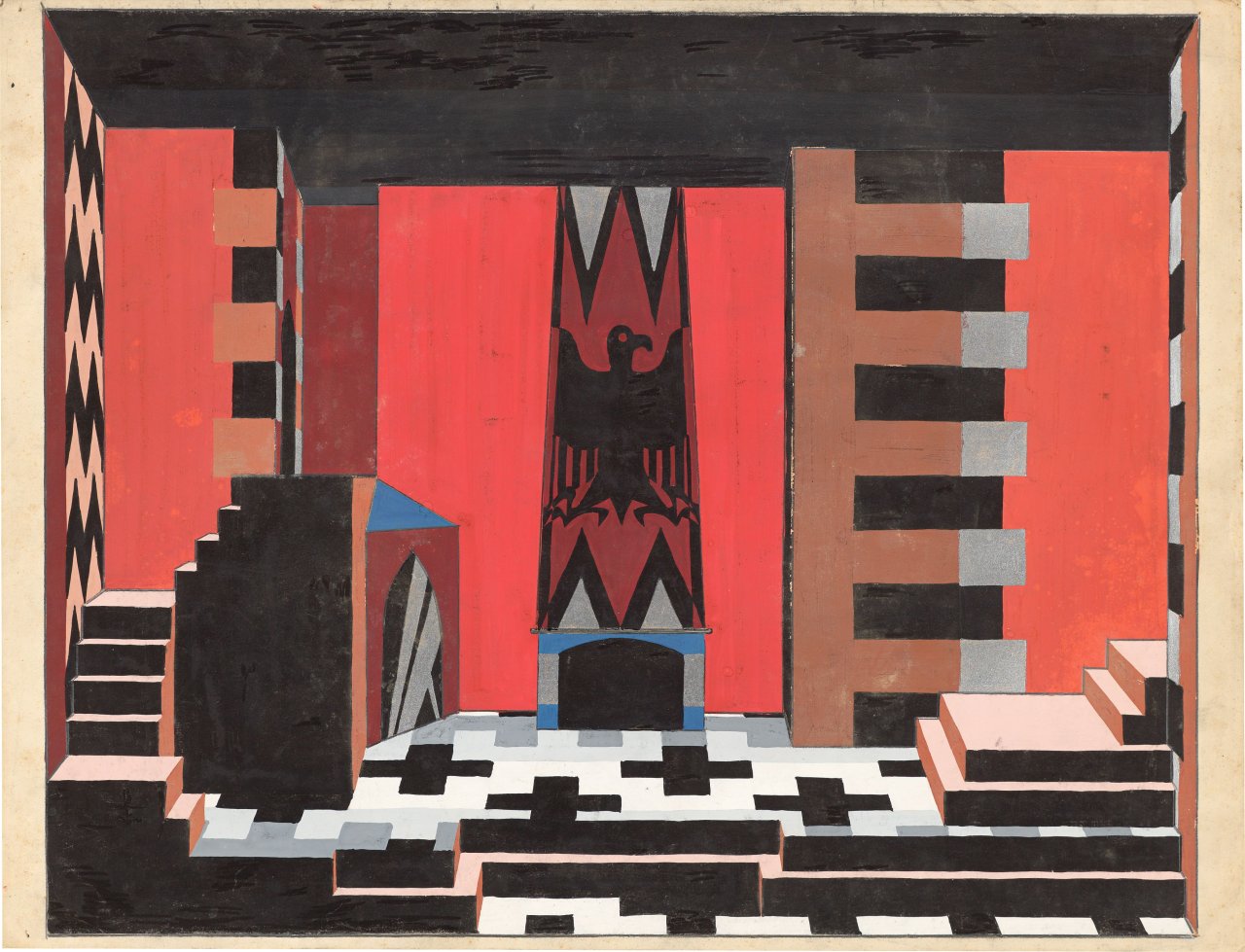 Auf diesem Bild ist das folgende Kunstwerk zu sehen: Sascha Wiederhold. Bühnenbildentwurf zu „King Richard III“. 1. Akt, 4. Szene: Ein Zimmer im Turm. 1929/30.