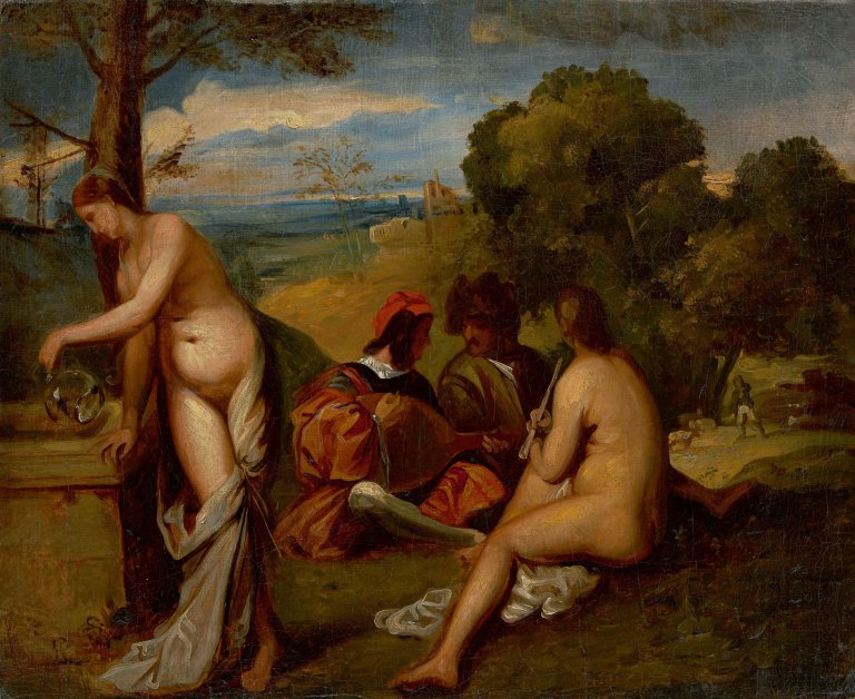 Auf diesem Bild ist das folgende Kunstwerk zu sehen: Anselm Feuerbach. „Il concerto campestre - Kopie nach Tizian/Giorgiones gleichnamigen Bild im Louvre“. 1852/55.
