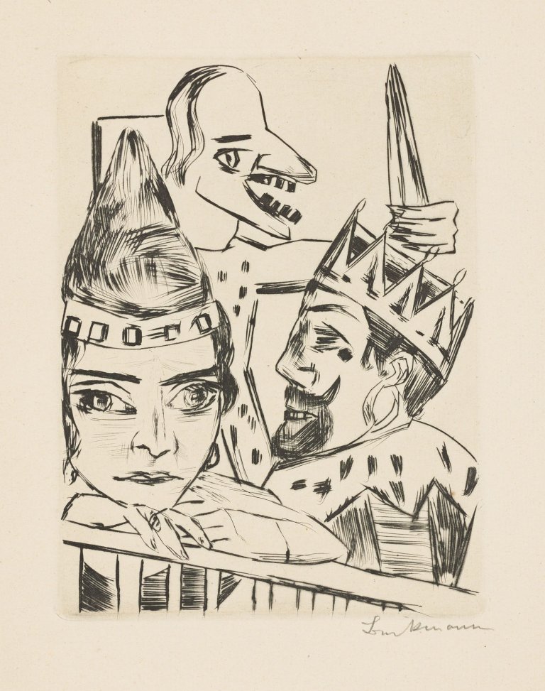 Auf diesem Bild ist das folgende Kunstwerk zu sehen: Max Beckmann. „König Jerum und seine Frau, die Prinzessin Ursula von Bärwalde, bei dem bösen Hellseher Pumpelirio Holzebocke“. 1923.