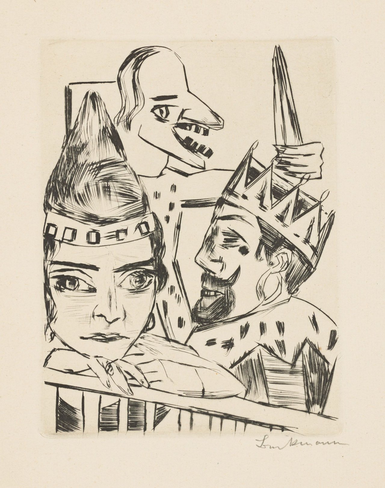 Auf diesem Bild ist das folgende Kunstwerk zu sehen: Max Beckmann. „König Jerum und seine Frau, die Prinzessin Ursula von Bärwalde, bei dem bösen Hellseher Pumpelirio Holzebocke“. 1923.