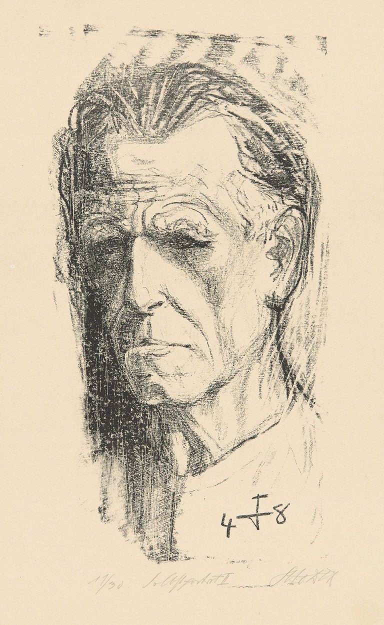 Auf diesem Bild ist das folgende Kunstwerk zu sehen: Otto Dix. „Selbstbildnis II (nach links, Kragenlinie dünn)“. 1948.