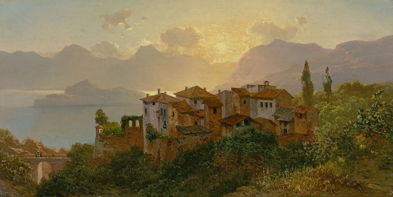 Auf diesem Bild ist das folgende Kunstwerk zu sehen:  Deutsch, um 1850. Abendstimmung am Comer See.