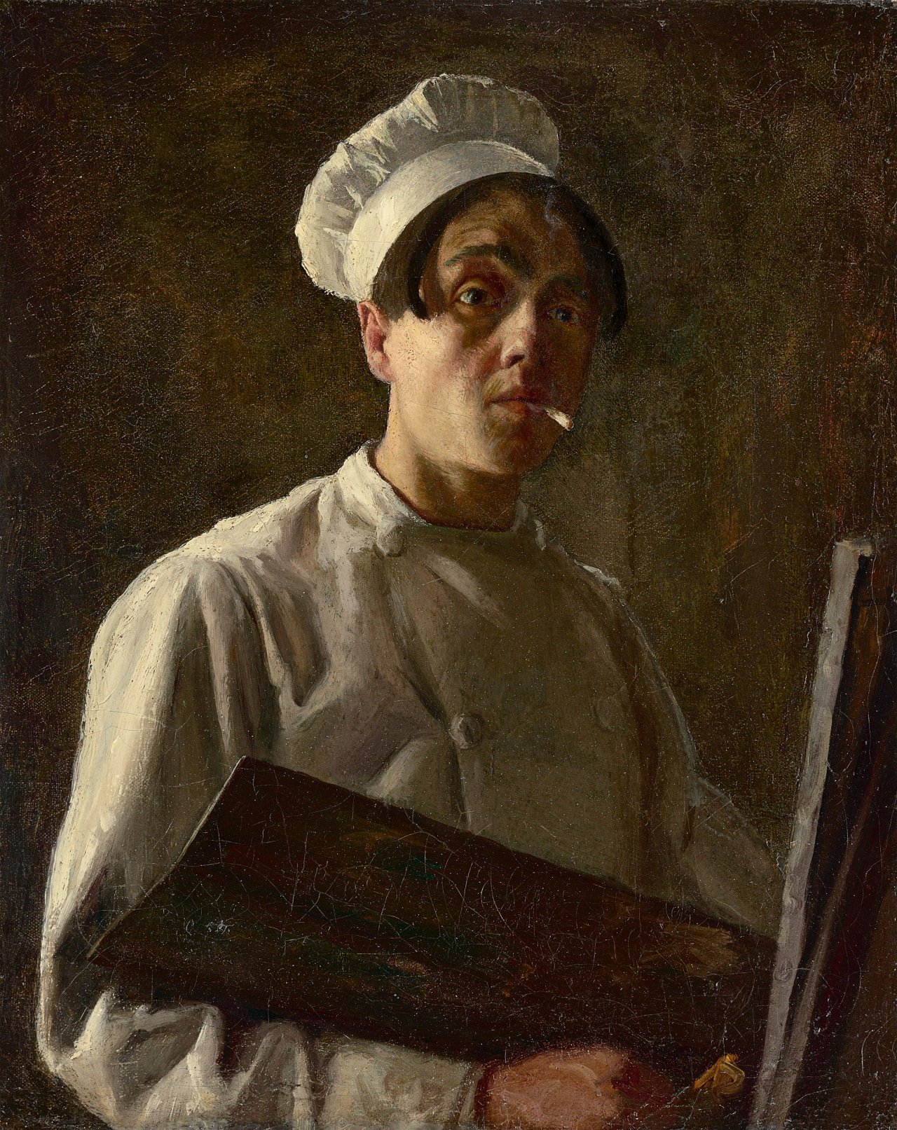 Auf diesem Bild ist das folgende Kunstwerk zu sehen:  Französisch, um 1860/80. Selbstbildnis eines Malers, gekleidet als Koch.