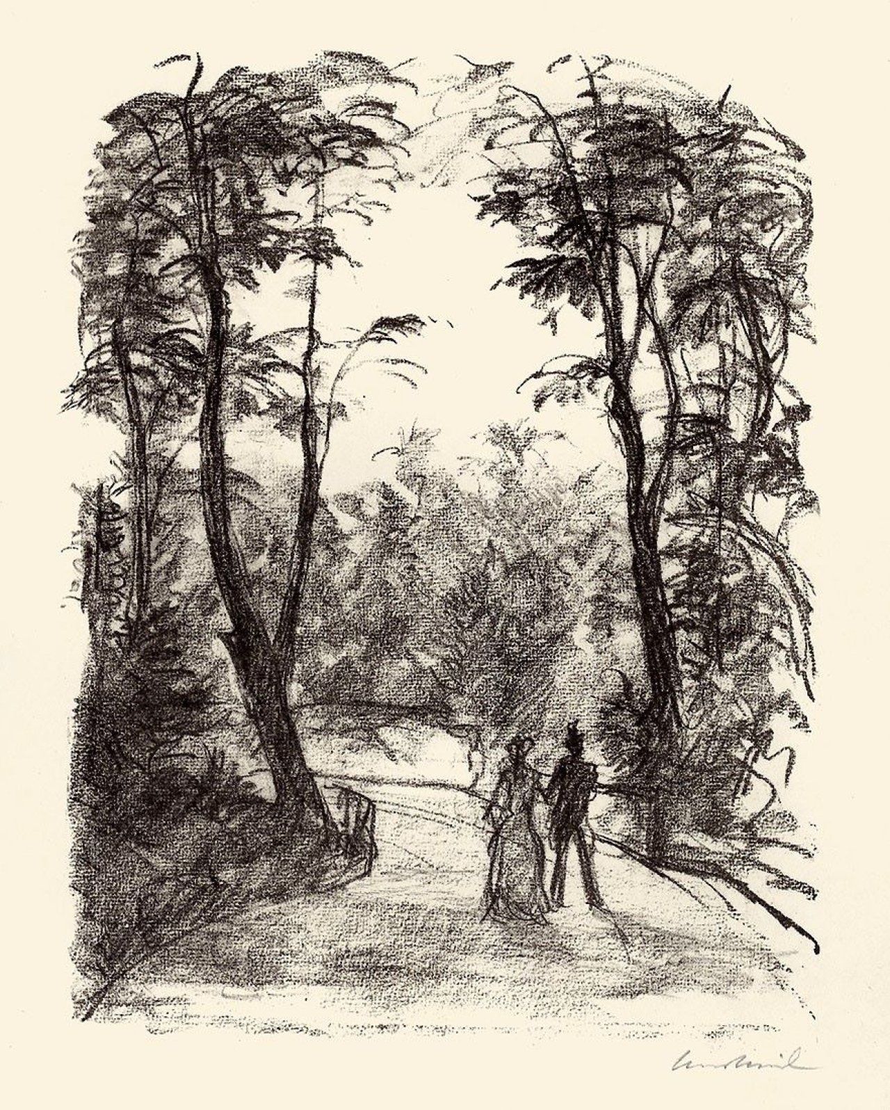 Auf diesem Bild ist das folgende Kunstwerk zu sehen: Hans Meid. „Steglitzer Mondnacht“ / „Paar auf dem Waldweg“. 1918/1923.