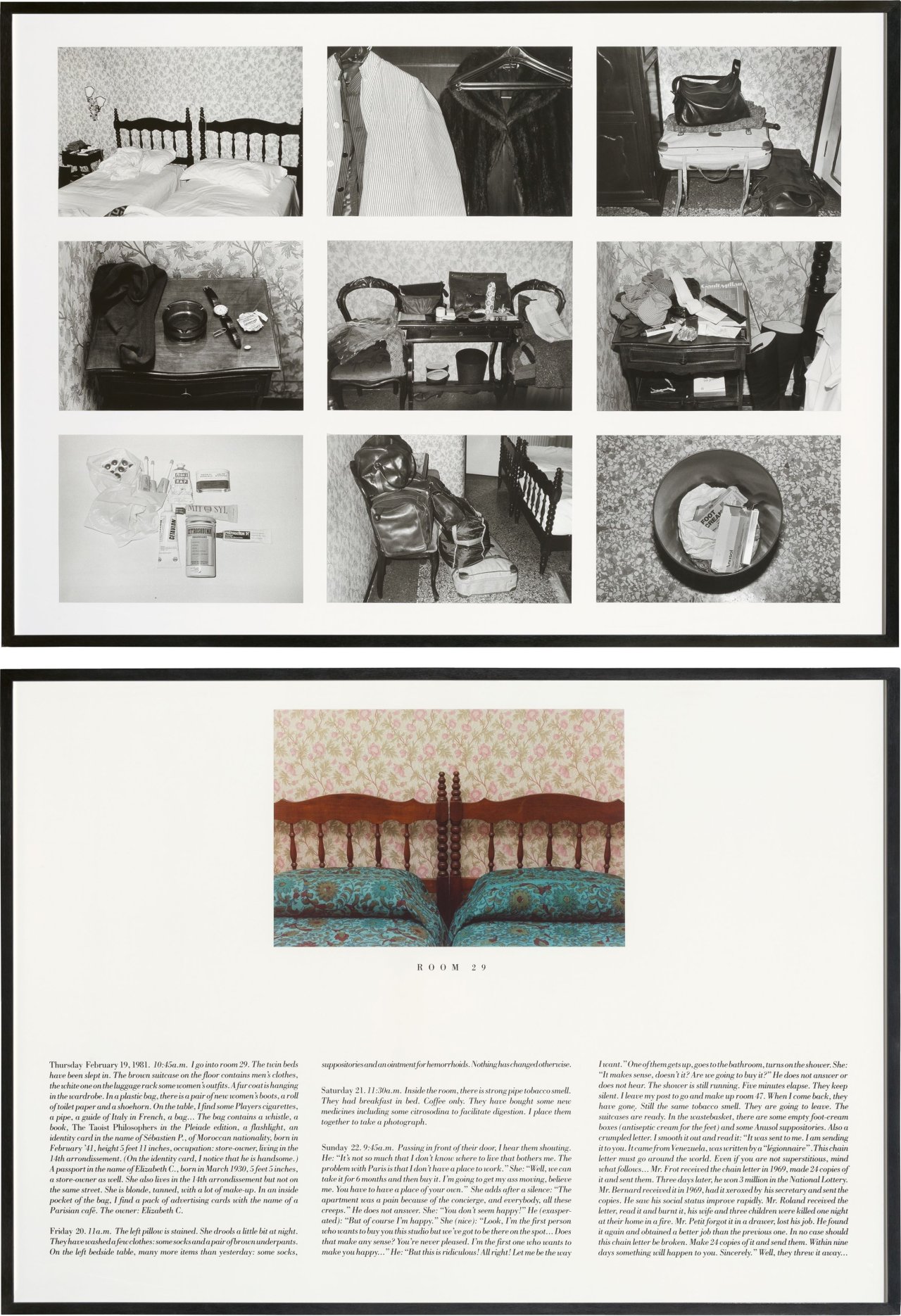 Auf diesem Bild ist das folgende Kunstwerk zu sehen: Sophie Calle. „L’Hôtel – Room 29, 19 February“, aus der Serie „L’Hotel“. 1981–1983.