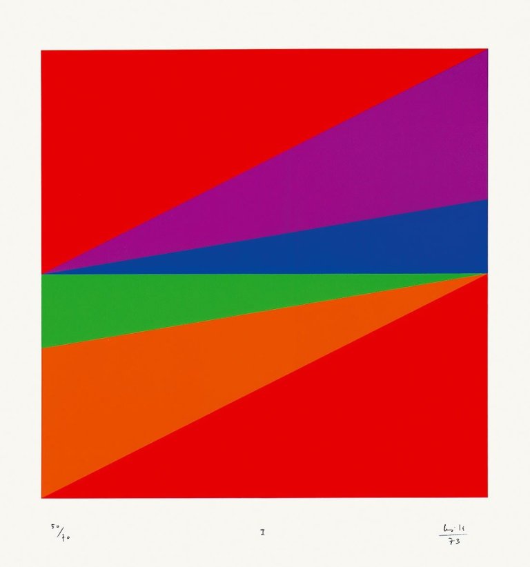 Auf diesem Bild ist das folgende Kunstwerk zu sehen: Max Bill. „Transcoloration in fünf Quadraten“. 1973.