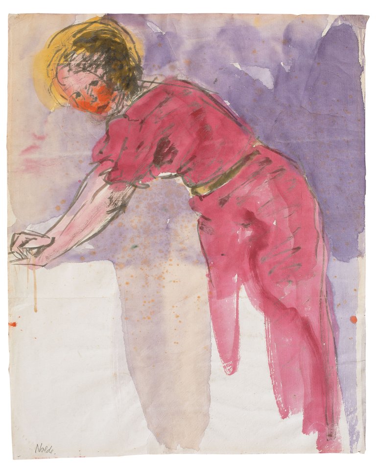 This picture shows the following artwork: Emil Nolde. ”Stehende nach links gebeugte Frau in rotem Kleid mit ausgestreckten Armen”. Circa 1916/20.
