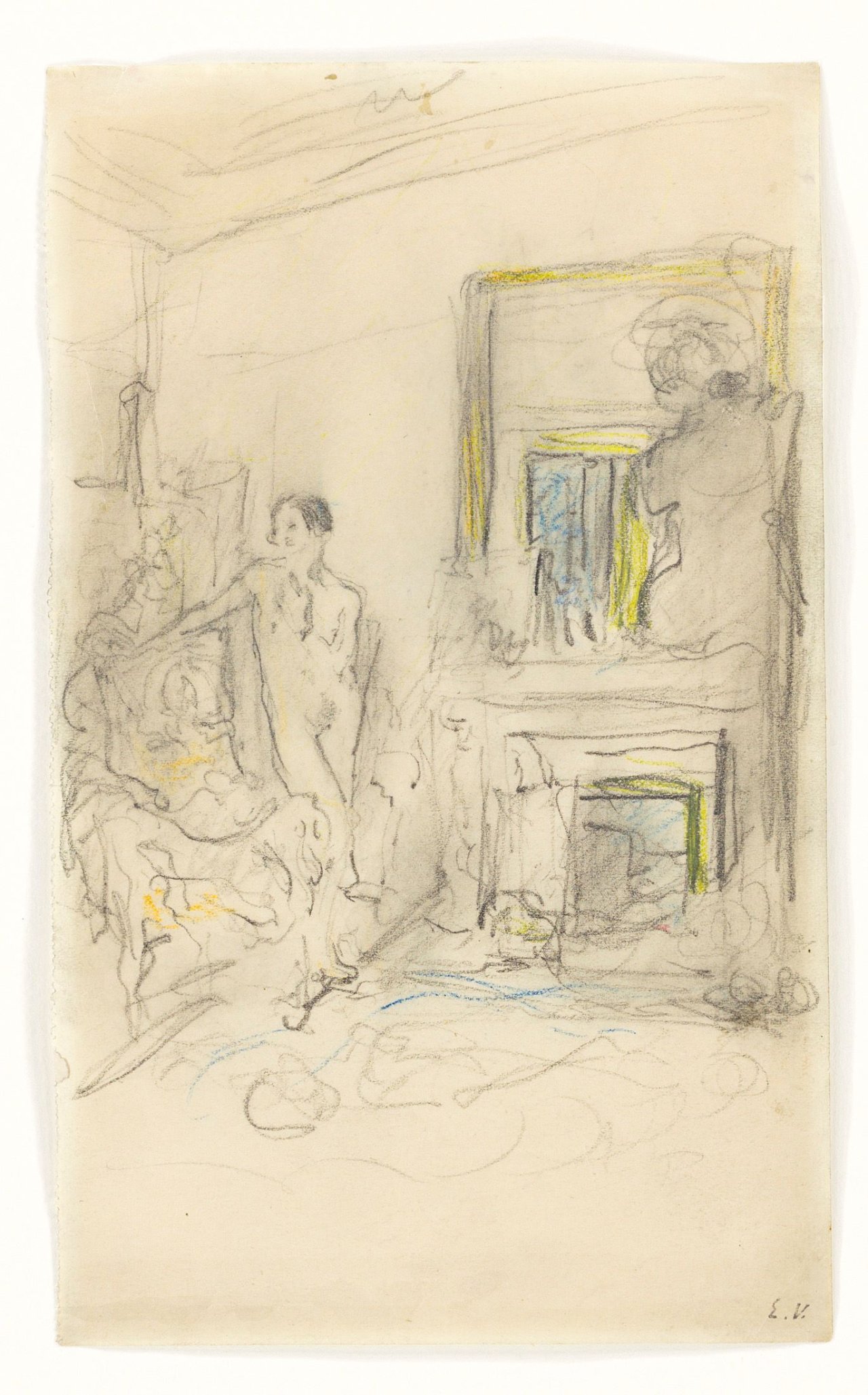 Auf diesem Bild ist das folgende Kunstwerk zu sehen: Édouard Vuillard. Weiblicher Akt am Kamin in der Rue de Calais, Paris. Um 1920.