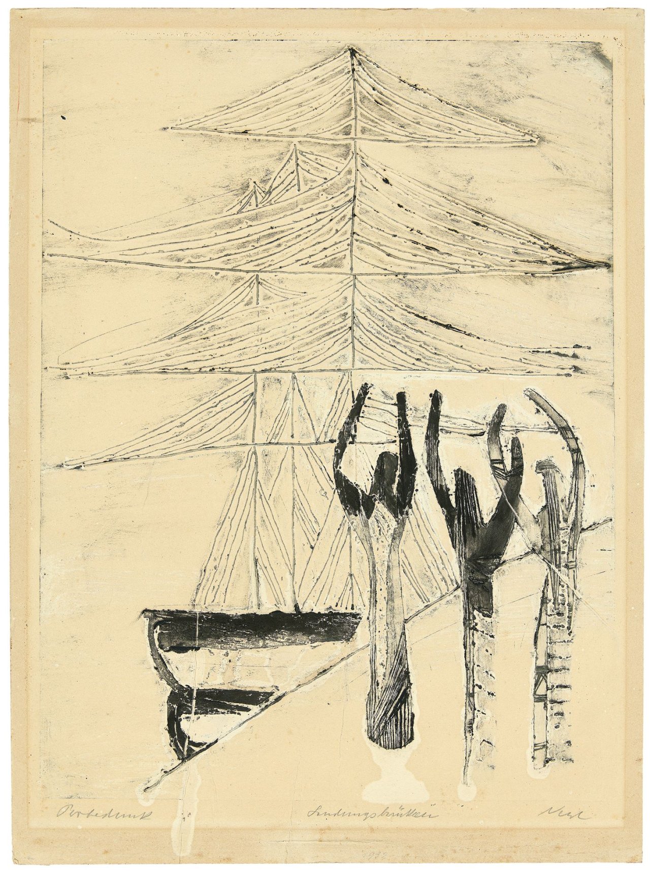 Auf diesem Bild ist das folgende Kunstwerk zu sehen: Rolf Nesch. „Landungsbrücken“. 1932.