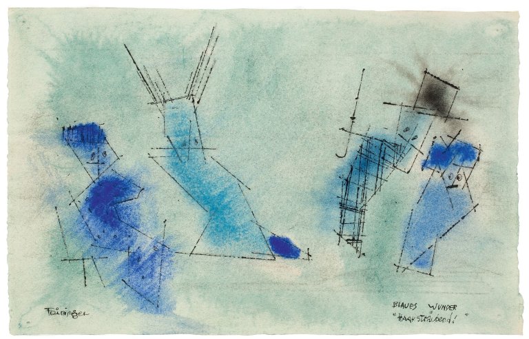 Auf diesem Bild ist das folgende Kunstwerk zu sehen: Lyonel Feininger. „Blaues Wunder ‚Haarsträubend!‘“. 1954.