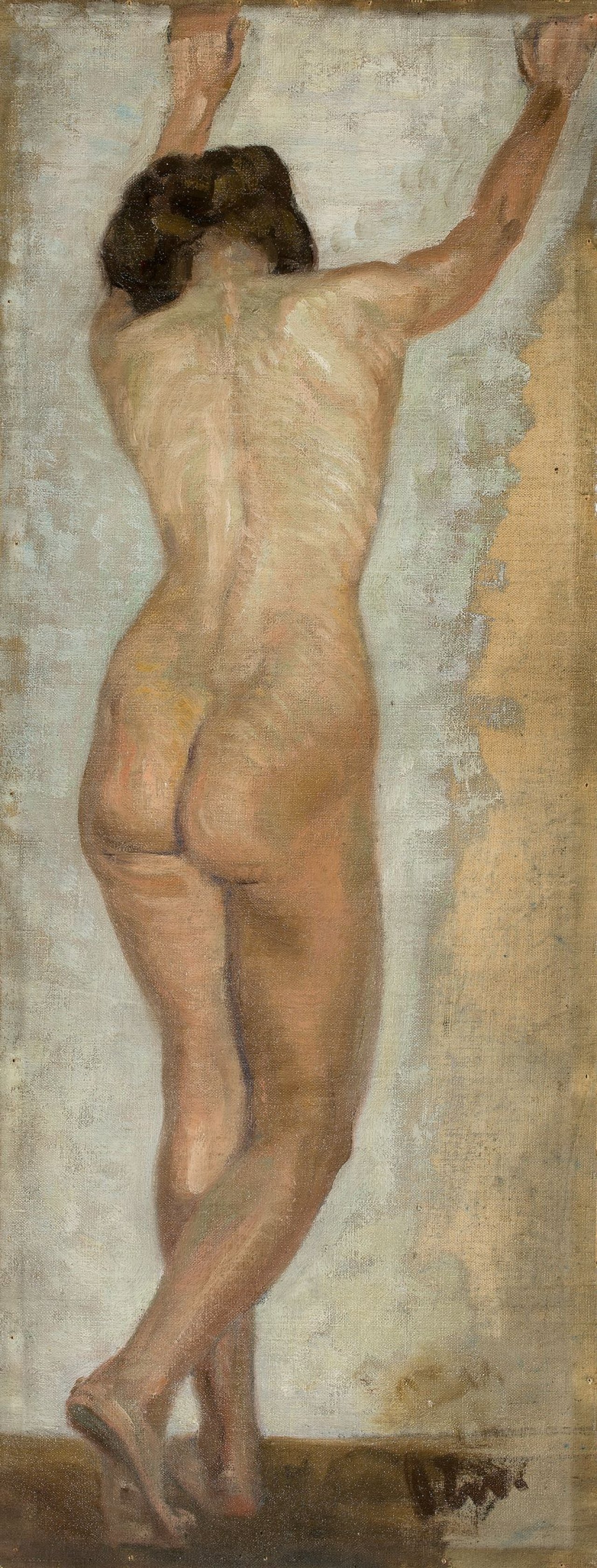 Auf diesem Bild ist das folgende Kunstwerk zu sehen: Oskar Zwintscher. Weiblicher Rückenakt. Um 1890/92.