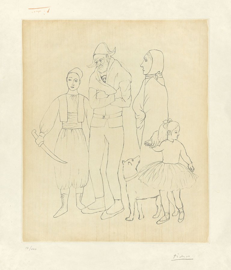 Auf diesem Bild ist das folgende Kunstwerk zu sehen: Nach Pablo Picasso. Famille des Saltimbanques. Um 1960.