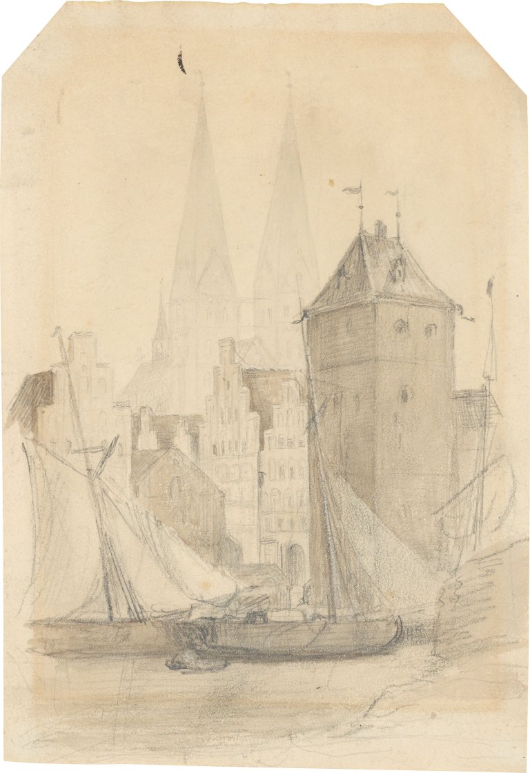 Auf diesem Bild ist das folgende Kunstwerk zu sehen: Otto Speckter. „Blauer Turm in Lübeck“ / „Teilansicht Lübecks von Südosten“. Vor 1853 / Um 1853.