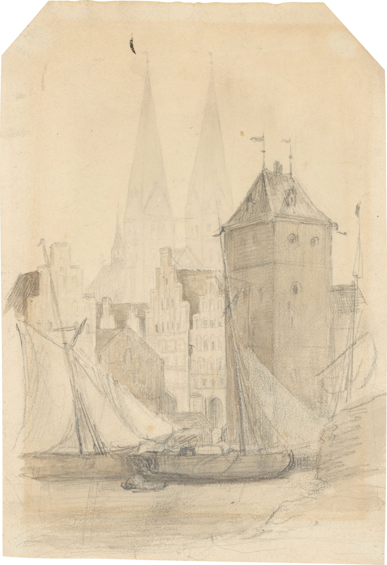 Auf diesem Bild ist das folgende Kunstwerk zu sehen: Otto Speckter. „Blauer Turm in Lübeck“ / „Teilansicht Lübecks von Südosten“. Vor 1853 / Um 1853.