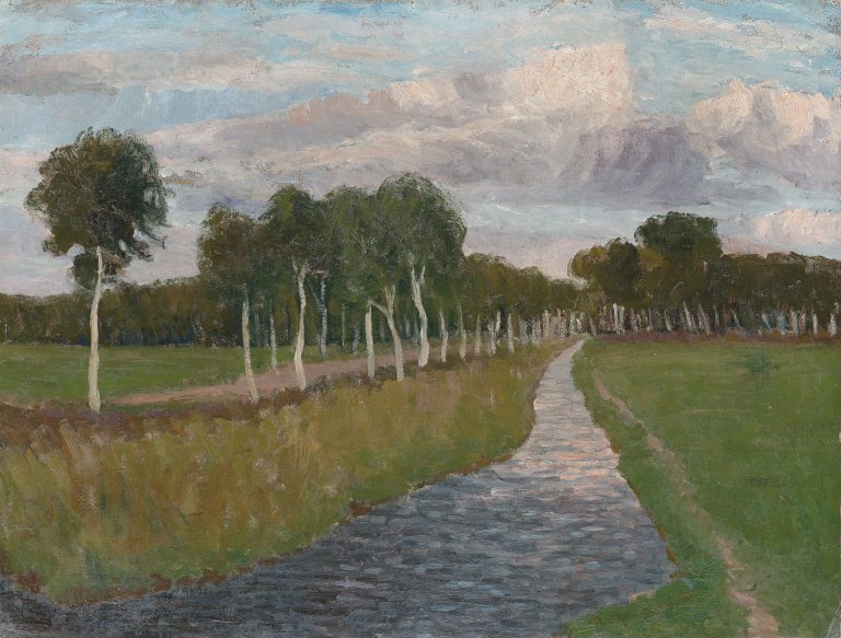 Auf diesem Bild ist das folgende Kunstwerk zu sehen: Fritz Overbeck. „Abend am Moorkanal II“. Vor 1905.