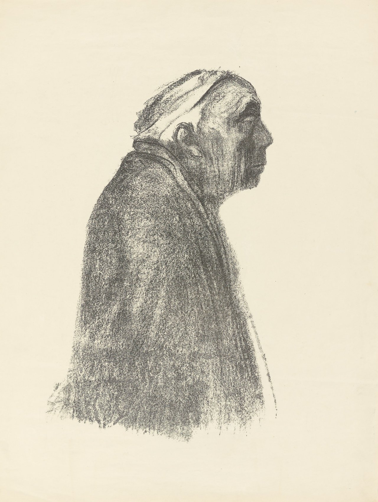 Auf diesem Bild ist das folgende Kunstwerk zu sehen: Käthe Kollwitz. „Selbstbildnis im Profil nach rechts“. Um 1938.