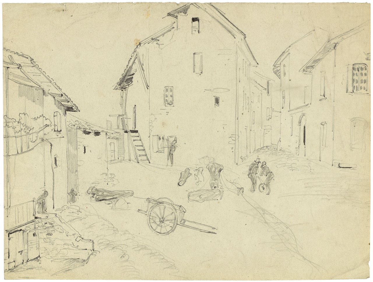 Auf diesem Bild ist das folgende Kunstwerk zu sehen: Jean-Auguste-Dominique Ingres. Römische Straßenecke mit Bildhauerwerkstatt.