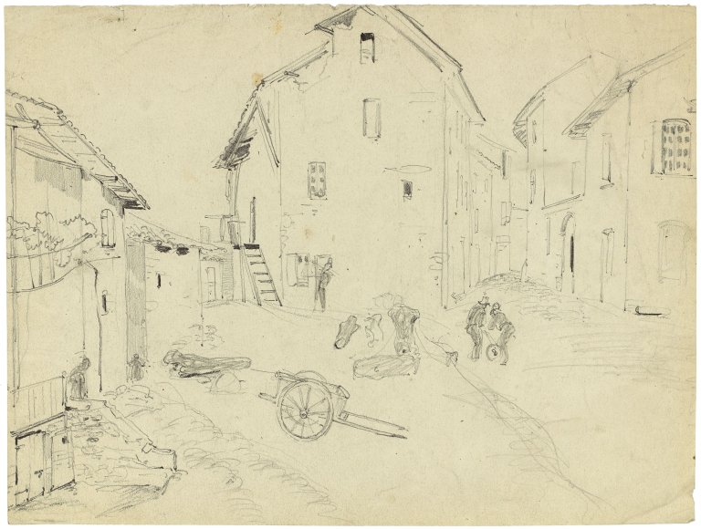 Auf diesem Bild ist das folgende Kunstwerk zu sehen: Jean-Auguste-Dominique Ingres. Römische Straßenecke mit Bildhauerwerkstatt.