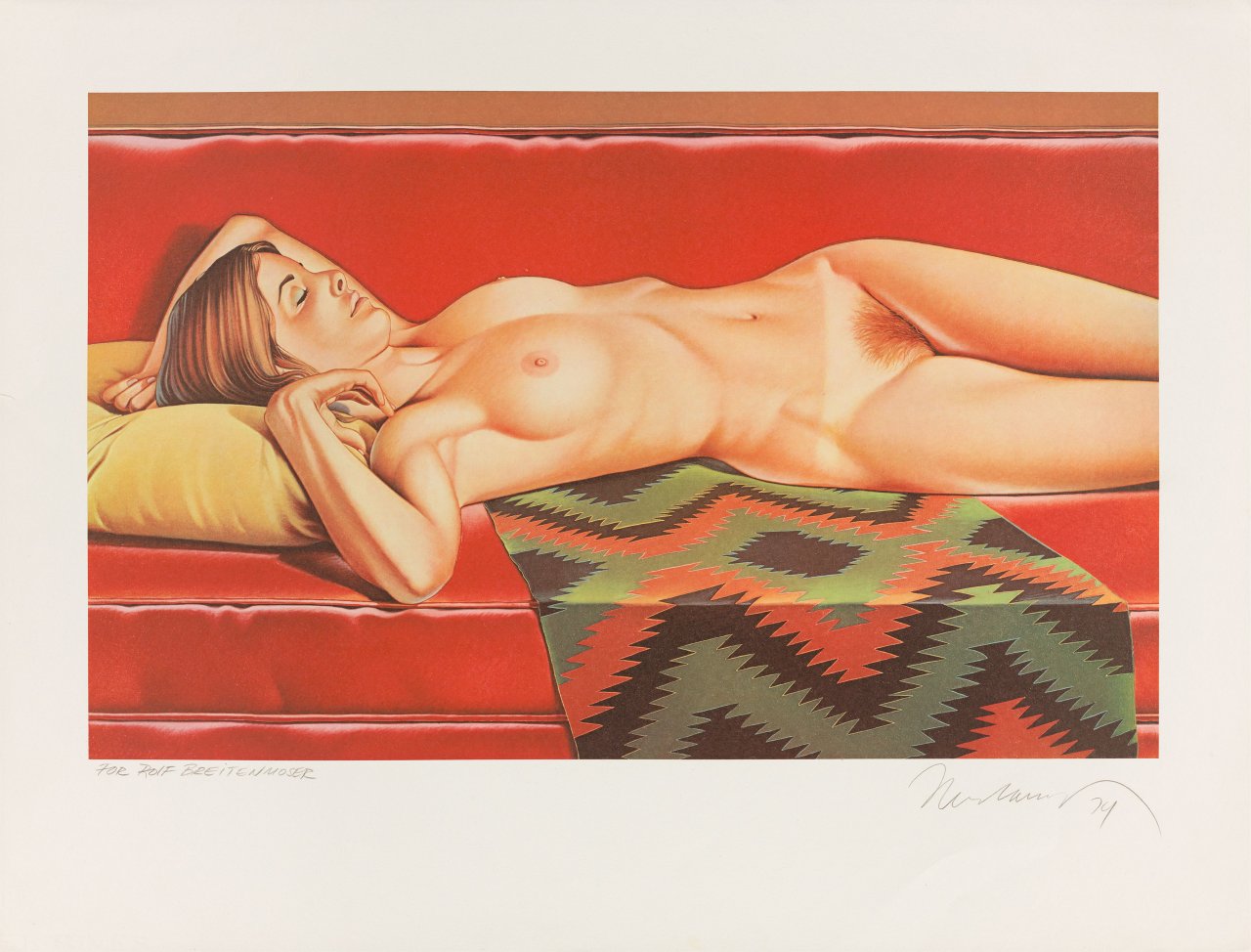 Auf diesem Bild ist das folgende Kunstwerk zu sehen: Mel Ramos. „Touché Boucher“ / „Manet’s Olympia“ / „You get more Salami with Modigliani“ / „Navajo Nudo“. 1974.