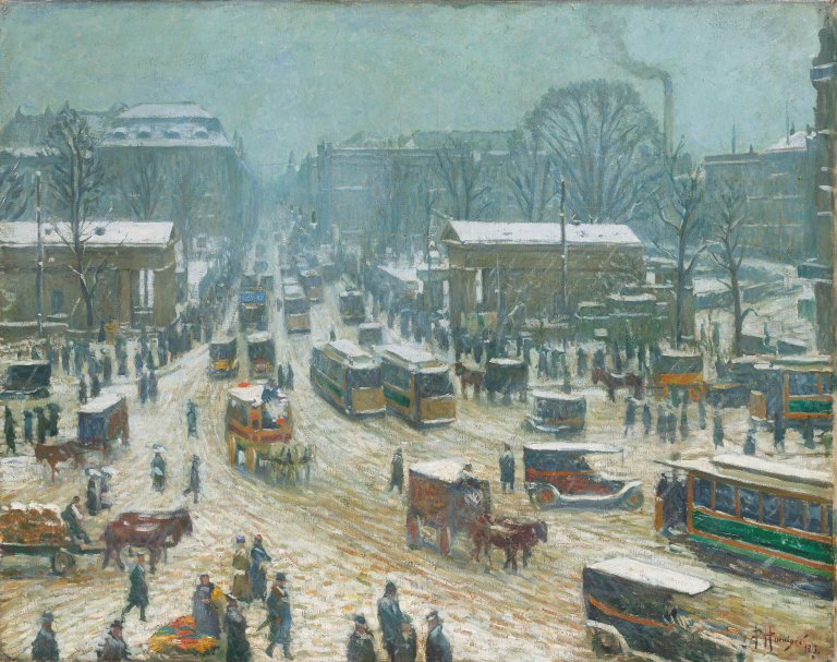 Auf diesem Bild ist das folgende Kunstwerk zu sehen: Paul Hoeniger. Der Potsdamer Platz in Berlin im Winter. 1915.