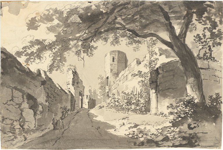 Auf diesem Bild ist das folgende Kunstwerk zu sehen:  Deutsch, um 1830. Burgruine.
