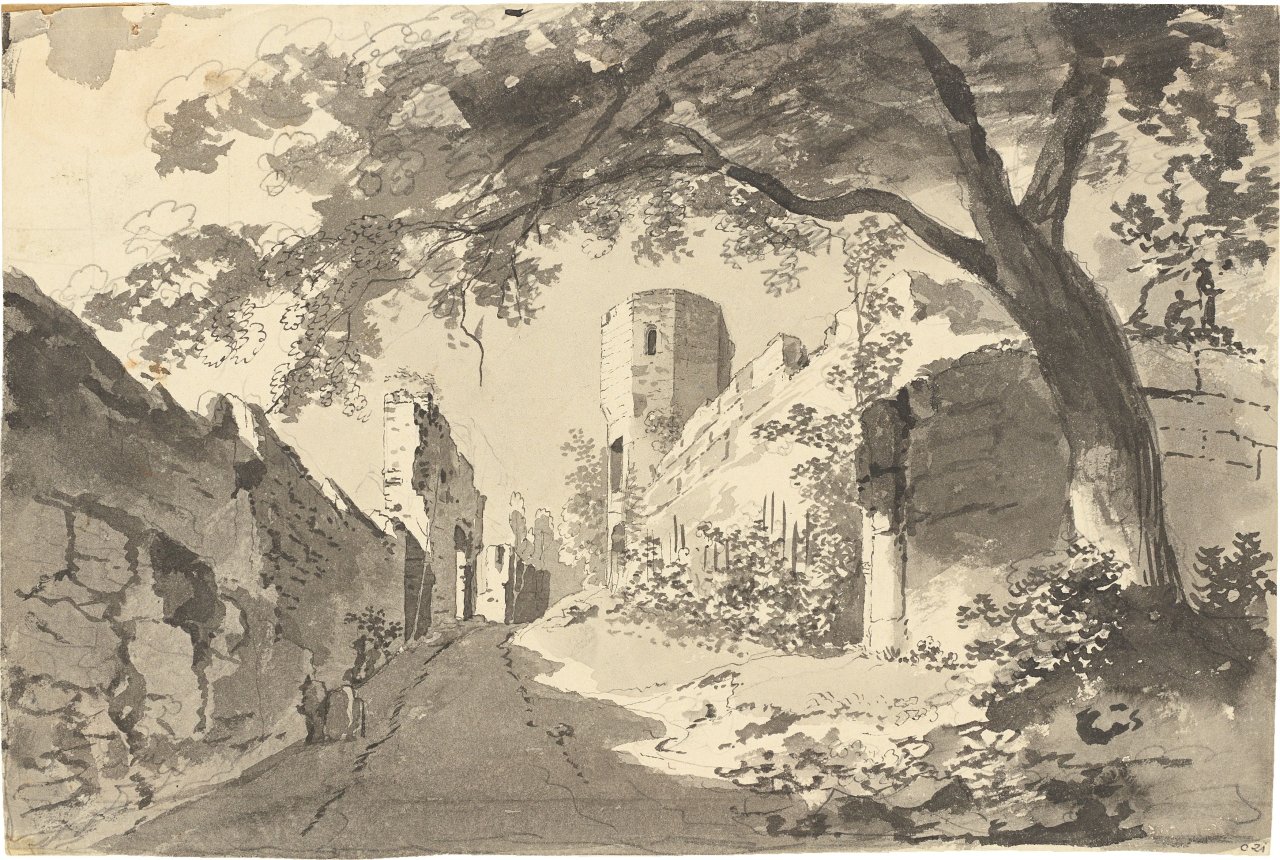 Auf diesem Bild ist das folgende Kunstwerk zu sehen:  Deutsch, um 1830. Burgruine.