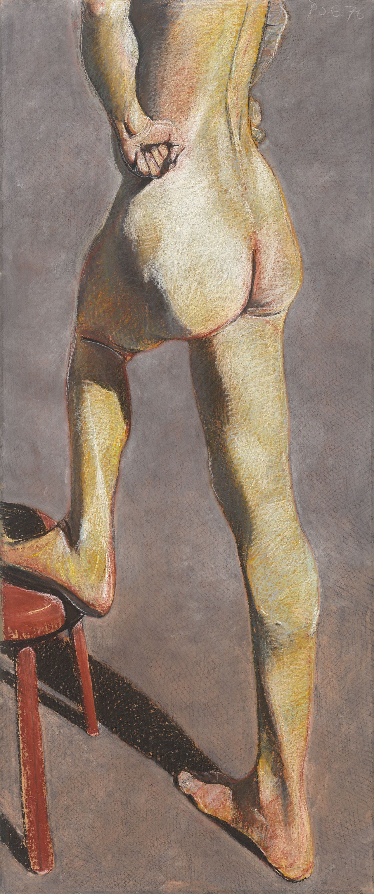 Auf diesem Bild ist das folgende Kunstwerk zu sehen: Johannes Grützke. „Der Fuß auf dem Hocker“. 1976.