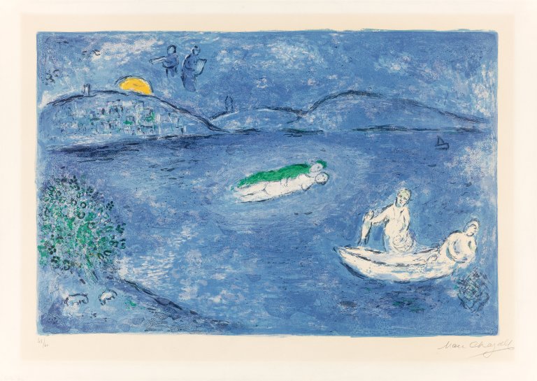 Auf diesem Bild ist das folgende Kunstwerk zu sehen: Marc Chagall. „L'Echo“ (aus: „Daphnis et Chloé“). 1961.