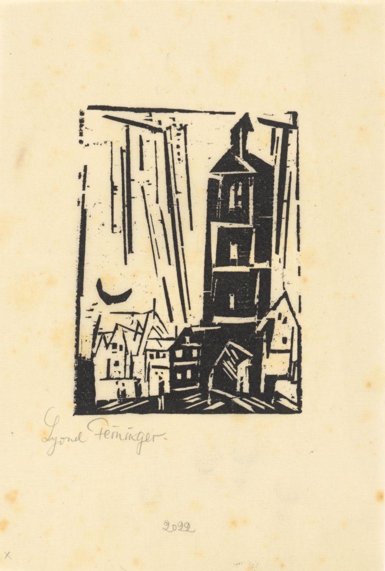 Auf diesem Bild ist das folgende Kunstwerk zu sehen: Lyonel Feininger. „Gebäude mit Mondsichel“. 1920.